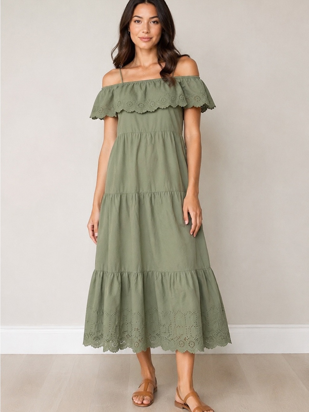 Old Navy Women’s Green Cotton Dress Off Shoulder Tiered Embroidered Boho